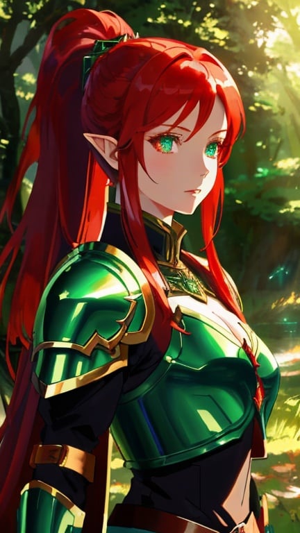 Prompt: Beautiful wood elf princess with red hair in ponytail, wearing leather armor, emerald eyes, fantasy character, detailed hair with radiant reflections, intense and elegant gaze, high quality, anime, fantasy, leather armor, detailed eyes, radiant red hair, woodland setting, professional, atmospheric lighting, anime style, armor details