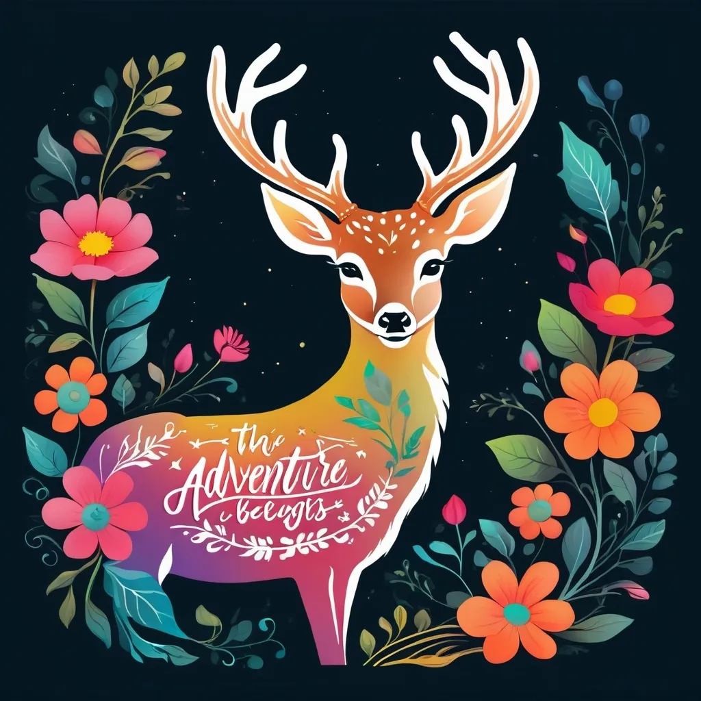 Prompt: Colorful silhouette of a deer with lettering and floral decor Quote in english and so the adventure begins Isolated vector object Motivational illustration with text Animals wildlife travel