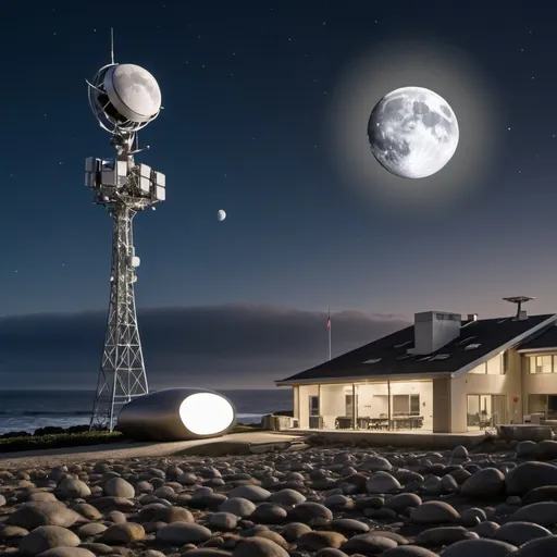 Prompt: There is a moon suffice with tv antenna and broadcasting infrastructure buildings and logo of the Pebble beach company. Interstellar tv communication