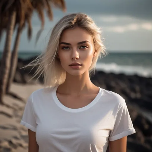 Prompt: full professional photograph beautiful model posing in a white teeshirt. beach in background. professional lighting. moody atmosphere. 