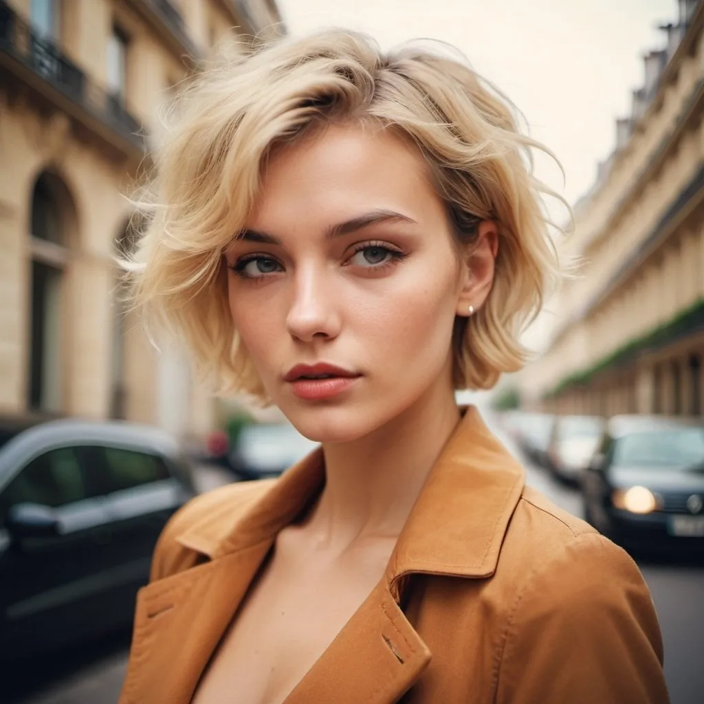 Prompt: Glamour photography of woman 25 year old with short blond hair in paris in the style of Guy Aroch
