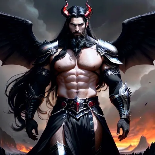 Prompt: A (towering and muscular man) with long black hair and a beard, featuring (devil horns) and expansive (black wings), standing confidently in intricate buckle (black armor) embellished with deep red runes. The atmosphere is powerful and imposing, capturing a dark and mythical essence. The background is a stark, foreboding landscape, enhancing the figure's striking presence, in high definition, ultra-detailed.