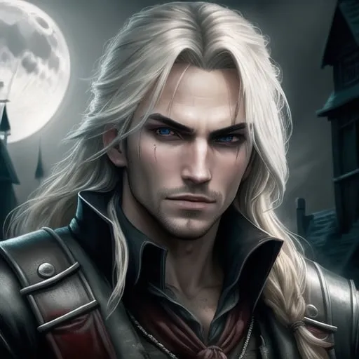 Prompt: Edward Kenway vampire, intense expression, assassin’s attire, detailed facial features, moonlit nocturnal setting, high quality, realistic, 18th-century style, intense gaze, vampire fangs, historical, elegant, dark and moody, atmospheric lighting