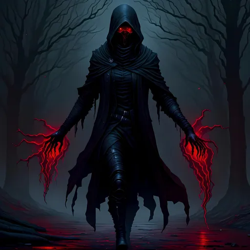 Prompt: <mymodel>Dark horror fantasy illustration of Xur from Destiny, deep red eye color, ominous atmosphere, detailed and menacing figure, highres, ultra-detailed, horror fantasy, intense red eyes, eerie setting, sinister and otherworldly, professional, atmospheric lighting