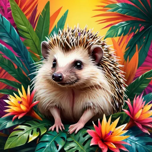 Prompt: Hedgehog in a vibrant Hawaiian shirt, detailed quills, digital painting, colorful tropical foliage background, high quality, cute and tropical, vibrant lighting, detailed illustration