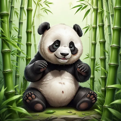 Prompt: Cute panda surrounded by bamboo, high quality, detailed illustration, playful cartoon style, lush green tones, soft lighting, adorable round eyes, fluffy fur, playful expression, bamboo leaves, best quality, highres, detailed, cartoon, cute, lush green, soft lighting, playful expression, adorable