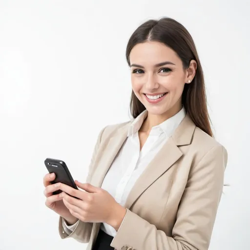 Prompt: salesperson using smart phone smiling white background