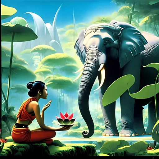 Prompt: A short haired dark skinned Asian woman is sat in a lotus position in the jungle, facing an Elephant, highly rendered, by Roger Dean