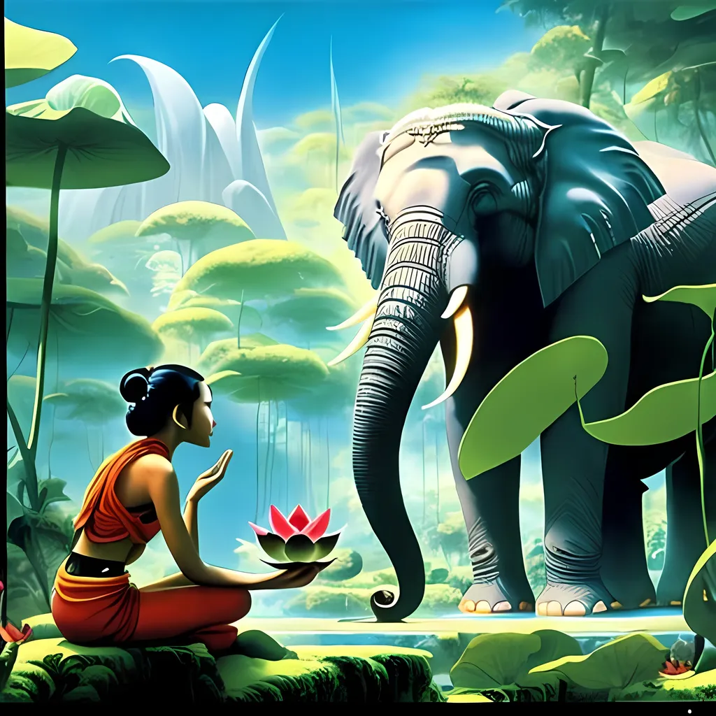 Prompt: A short haired dark skinned Asian woman is sat in a lotus position in the jungle, facing an Elephant, highly rendered, by Roger Dean