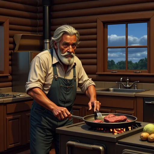 Prompt: @WDSnSKPwTa1niFGzvSVG  
Background is kitchen in rustic log cabin.  No hat on character with his hair showing.   Cast iron stove on one wall with stove pipe going up through ceiling. Character in front of stove  looking down at skillet sitting on front burner.  One hand  is on handle of skillet.  Holding meat fork in other hand as if he's turning the meat.    Small fire is coming out of burner under skillet.  Character looks sad.  One window on opposite wall with blue cloudy sky visible through window.  Sink and counter under the one window.  Tall wood cabinet next to sink.  Small refrigerator on the other side of sink.  Potatoes and cabbage on counter.  