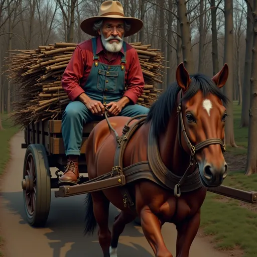 Prompt: @WDSnSKPwTa1niFGzvSVG Character is sitting on the high seat of an old wagon with the horses reins in his hands.  The wagon is pulled by an old horse that has it's head down and is slowly walking through the woods on a narrow path.  Character has on a heavy corduroy jacket.  The wagon is full of large dry branches and logs he picked up in the woods.  It is cold and you can see his breath coming out of his mouth as he breathes. The sun is setting in the distant but there is still enough light to see the path.  It is getting dark so there are shadows on the ground They are heading home for the night.  It is cold.  