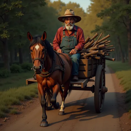Prompt: @WDSnSKPwTa1niFGzvSVG Character is driving a wagon pulled by a horse. He is sitting on the wooden seat with the horses  reins in both hands. The horse is old and tired.  The wagon is filled with branches and logs the character has gathered for fire wood.  It is twilight and the sun is going down in the distance.  There are long shadows.  It is wooded on both sides of the dirt path they travel.   Character is wearing a heavy corduroy jacket.  He has the horses reins in both hands.  He looks tired and his clothes are dirty.  The horse is walking slowly with its head down.  