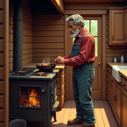 Prompt: @WDSnSKPwTa1niFGzvSVG  Character  is standing in the kitchen of a one room cabin  in front of a wood burning stove.  The stove has four burners, the stove pipe goes up through the ceiling.  He is holding the handle of a cast iron skillet on the front burner with fire visible under the burner.  He is looking at the skillet that contains a piece of meat .  On the right wall of the cabin there is a tall wooden cabinet in the corner, next to it is the kitchen sink with a window over it and a short counter to the left of the sink.  His back is to the door opposite the stove and he frying meat in a caste iron skillet.  On the left side of the room is a bed and tall dresser with another tall wood cabinet on the other side of the bed.