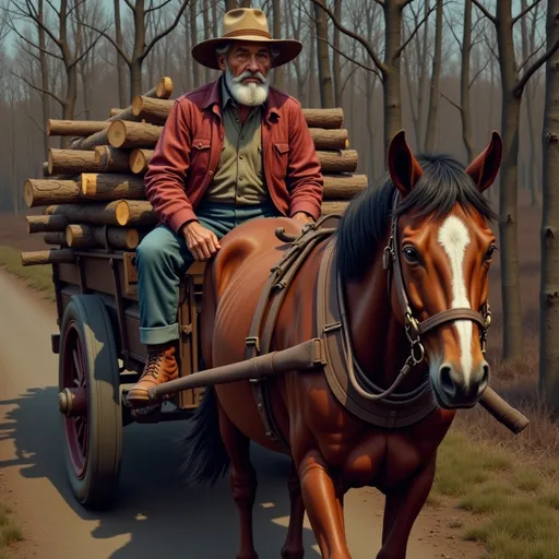 Prompt: @WDSnSKPwTa1niFGzvSVG Character is sitting on the high seat of an old wagon with the horses reins in his hands.  The wagon is pulled by an old horse that has it's head down and is slowly walking through the woods on a narrow path.  Character has on a heavy corduroy jacket.  The wagon is full of large dry branches and logs he picked up in the woods.  It is cold and you can see his breath coming out of his mouth as he breathes. The sun is setting in the distant but there is still enough light to see the path.  It is getting dark so there are shadows on the ground They are heading home for the night.  It is cold.  