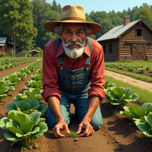Prompt: @WDSnSKPwTa1niFGzvSVG  Character is kneeling in a vegetable garden pulling weeds from rows of various vegetables.  He is looking down intent on his work.  The sun is high over head.  He is sweating.  A log cabin and a old barn are in the behind the garden.  There are fruit trees near the cabin.  The farm is surrounded by thick woods.  There is a dirt road that leads from the cabin through the woods.