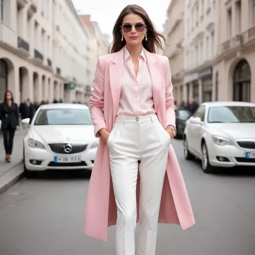 Prompt: Here's a prompt:

"Generate an image of a stylish and confident individual wearing a chic pink and white ensemble.

Outfit:

- Trousers: White, slim-fit, and elegantly tailored
- Coat: Pastel pink, fitted, and knee-length with a subtle sheen
- Top: Soft white or light pink blouse with delicate details (optional)
- Shoes: White or metallic heels or loafers
- Accessories: Minimalist jewelry, such as a simple watch and elegant earrings

Pose:

- Stand with confidence, with one hand in the coat pocket
- Slightly angle the body, showcasing the outfit's silhouette
- Gaze directly at the camera with a subtle smile

Background:

- Soft, neutral-colored setting (e.g., light gray, beige, or white)
- Minimalistic environment to emphasize the outfit

Style:

- Modern, sophisticated, and effortlessly chic
- Emphasize the harmony of pink and white hues
- Capture the individual's poise and confidence

Generate a high-quality image showcasing the perfect blend of style, elegance, and modern flair."