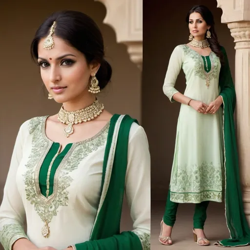 Prompt: Here's a prompt for generating an image of a woman wearing a green and white salwar kameez combination:

"Generate an image of a beautiful woman wearing a stunning green and white salwar kameez.

- Salwar:
    - Bottom: White or cream-colored salwar with intricate embroidery or patterns
    - Fabric: Silk, cotton, or georgette
- Kameez:
    - Top: Green kameez with intricate designs, patterns, or embroidery
    - Neckline: Round, V-shaped, or boat neck
    - Sleeves: Short, long, or bell-shaped
    - Fabric: Matching green silk, cotton, or georgette
- Dupatta:
    - Color: White or cream with green borders or patterns
    - Fabric: Lightweight chiffon, georgette, or silk
    - Style: Draped elegantly around the neck or shoulders
- Accessories:
    - Jewelry: Minimal or traditional Indian jewelry like bangles, earrings, or a necklace
    - Shoes: Matching green or neutral-colored sandals or juttis
    - Hair: Stylishly tied back or left loose with subtle makeup
- Background:
    - Simple, neutral-colored background or a traditional Indian setting
    - Soft, natural lighting or subtle studio lighting
- Style:
    - Elegant, sophisticated, and traditional Indian attire
    - Emphasize the beauty of the green and white combination
    - Capture the grace and poise of the woman wearing the outfit

Generate a high-quality image showcasing the perfect blend of traditional Indian fashion and modern style."