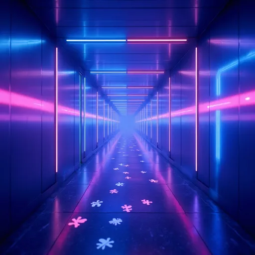 Prompt: A surreal neon corridor shaped like a glowing maze — sleek metallic walls reflecting streaks of electric blue, magenta, and violet light. The floor is glossy, with faint reflections of glowing puzzle-piece patterns floating in the air like holograms. Subtle haze and motion blur give a sense of movement and confusion, like being lost inside the mind. The lighting is moody and cinematic, evoking the feeling of a lucid dream — futuristic yet introspective