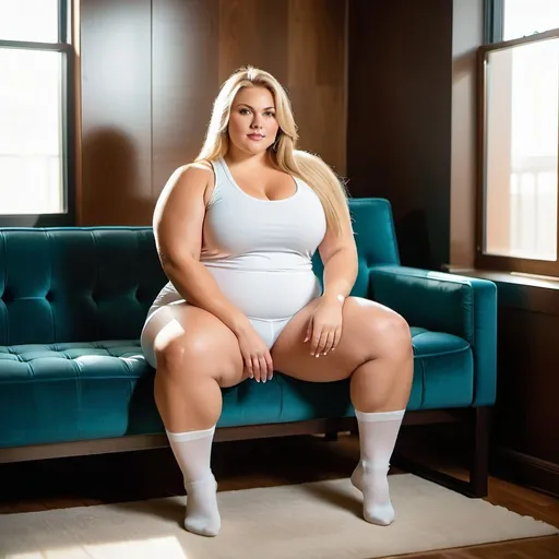 Prompt: Very huge muscular overweight woman with long blonde hair, intricate facial features, and perfect hands, indoor high detail, fill light, sitting on a very small sofa in a small room with a low ceiling, wearing a tight white tank top and shorts, featuring 18-year-old Caucasian woman, thick tights, narrow waist, best quality, indoor lighting, full body, 