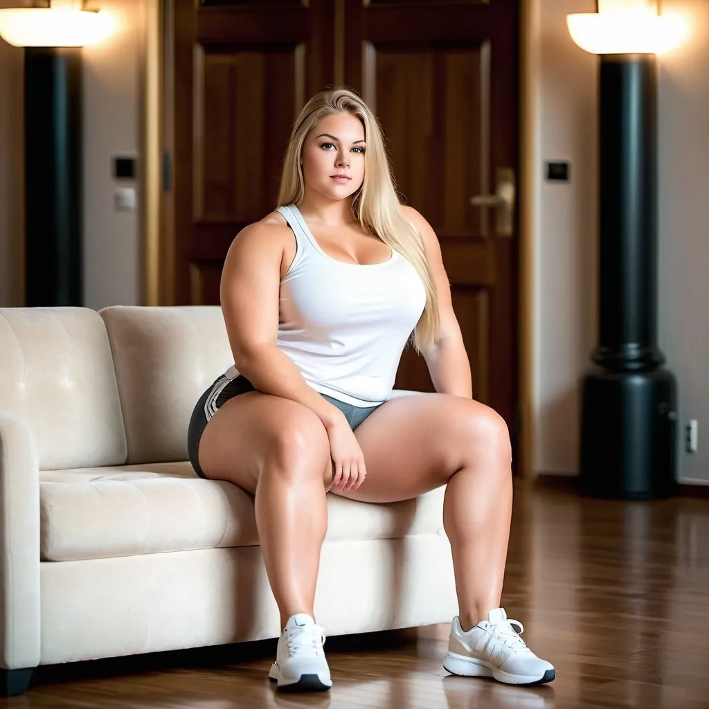 Prompt: Huge tall muscular young overweight woman,long blonde hair, intricate face, perfect hands, high detail, standing in a foyer, fill light, muscular giantess, sitting on mini sofa, low ceiling, caucasian, 18 years old, tight tank top, shorts, white sneakers, best quality, high detail, realistic, indoor lighting, thick tights, narrow waist,