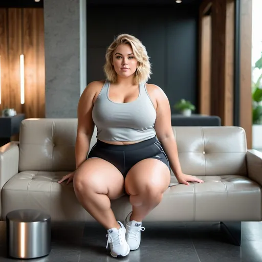 Prompt: Huge tall muscular young overweight woman, shaggy blonde hair, intricate face, perfect hands, high detail, standing in a foyer, fill light, muscular arms, sitting on mini sofa, low ceiling, caucasian, 18 years old, gray tank top, shorts, white sneakers, best quality, high detail, realistic, indoor lighting, thick tights,