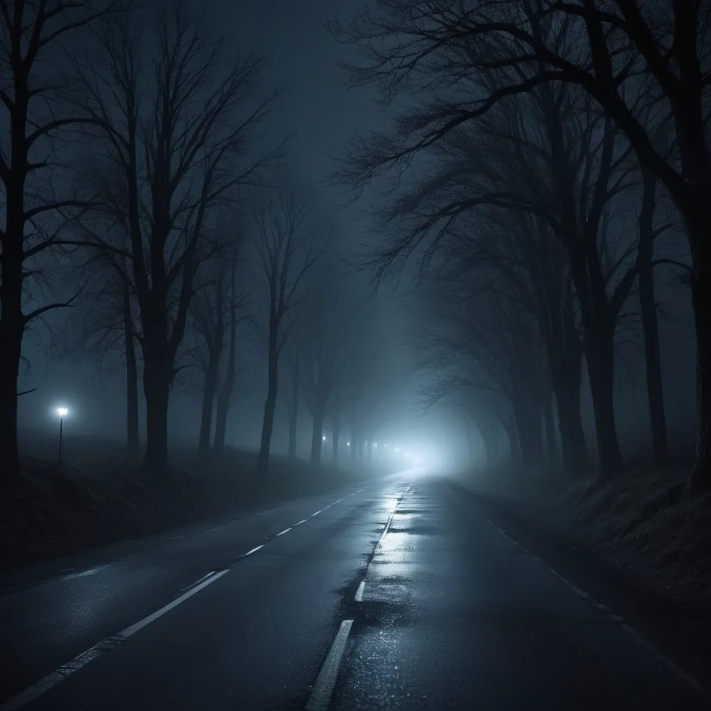 Prompt: A road in the night with just 2 cars and a it would feel scary 