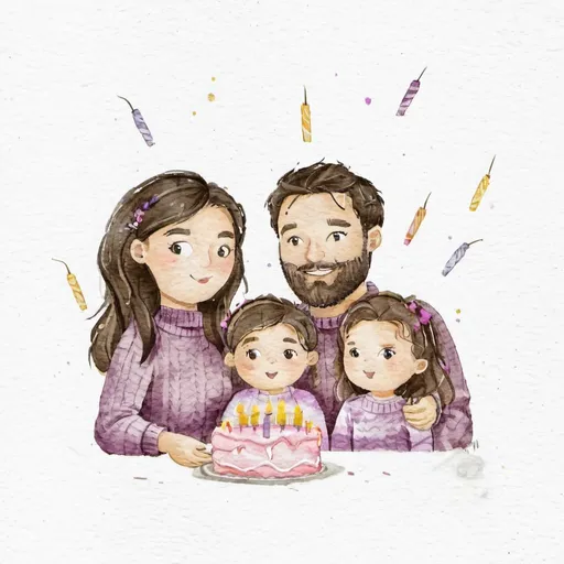 Prompt: brunette caucasian woman wearing a purple sweater, celebrating birthday with her husband with trimmed beard, 6 years old son and 1 year old daughter 