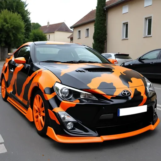 Prompt:  décoration  toyota celica st185 elle est de couleur noir et décoration en orange fluo   style camouflage  MARQUAGE PARTENAIRE EN BLANC 
