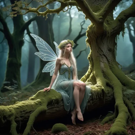 Prompt: an etheral fairy sitting on a branch of an oak tree laden with moss in an ancient forest at dusk.  still and surrene and watchful there's a stag in the fer undergrowth