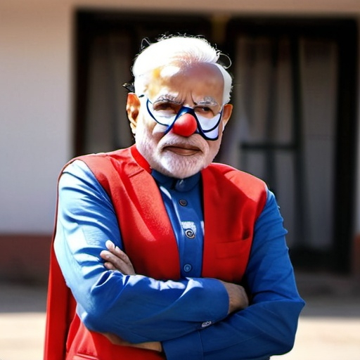 Prompt: Indian Prime Minister Narendra Modi standing with his arms folded wearing a superman costume, but having a typical red nose of a clown, he has a conceited look on his face, it is a bright sunny day in an Indian metropolitan city.