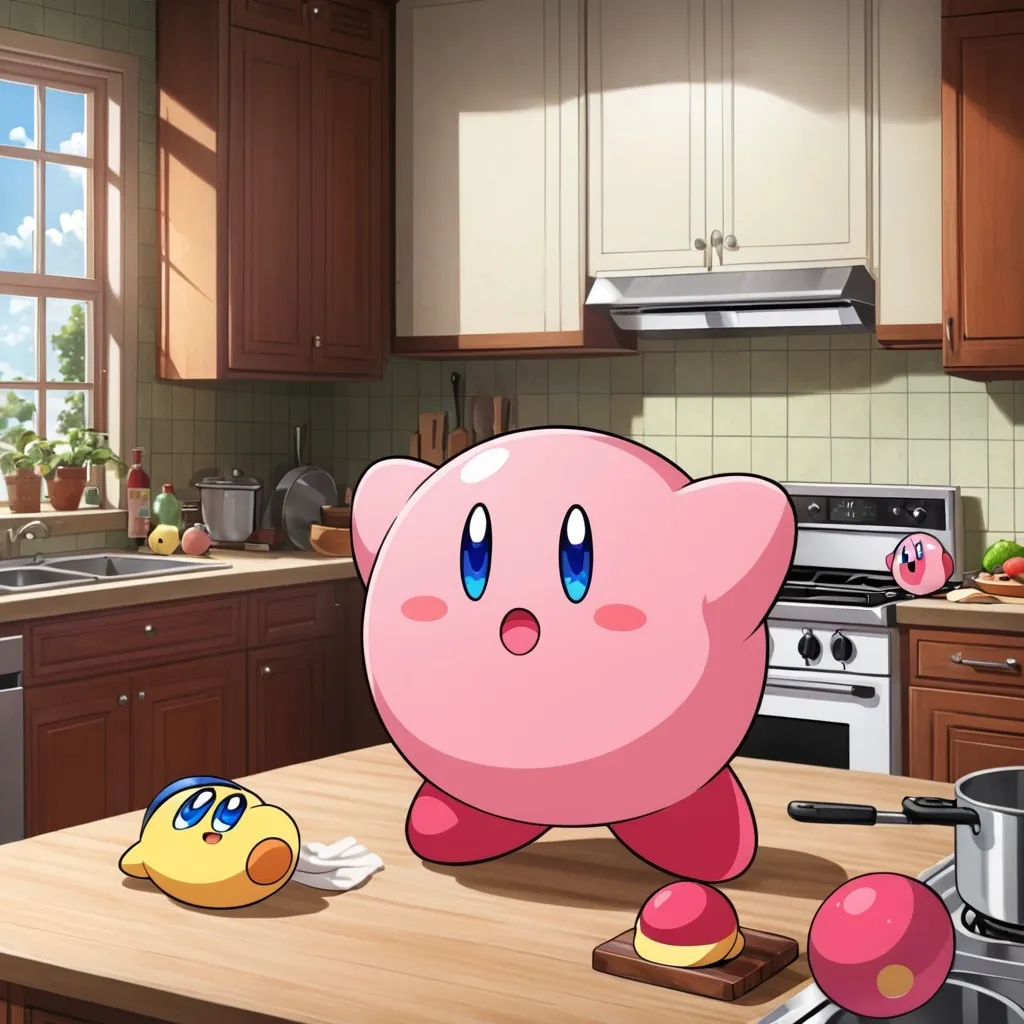 Prompt: kirby in a kitchen