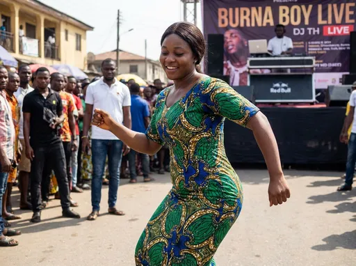 Prompt: a nigeria  girl with good body figure, dressed in ankara gown dancing legwork to burna boy song