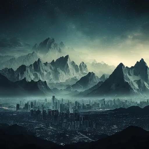 Prompt: background photo, it should be mostly black and gray tones. there must be a modern base station at the center of photo and there must be epic mountain in the background. Also, some city lights should be visible in the far side