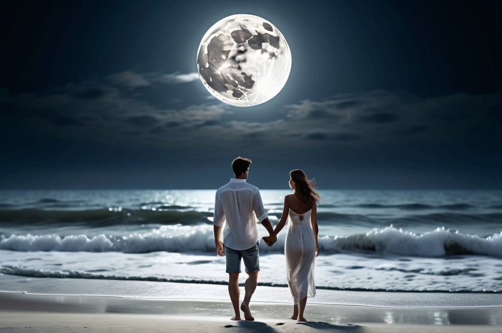 Prompt: couple walking on the beach, holding hands, full moon above, smooth ocean waves, wide view, romantic, photorealistic, HD, Ultra High Resolution, 4k, detailed, High Quality, professional, DPI > 300, professional photography, moonlit beach scene, serene atmosphere, realistic water reflections, calm and peaceful, high detail, soft moonlight, gentle breeze, tranquil setting