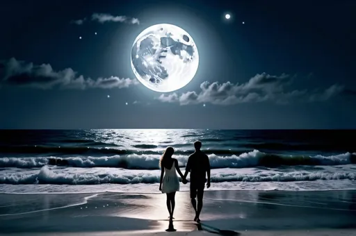 Prompt: On the right: couple walking on the beach, holding hands, full moon above, smooth ocean waves, wide view, romantic, photorealistic, HD, Ultra High Resolution, 4k, detailed, High Quality, professional, DPI > 300, professional photography, moonlit beach scene, serene atmosphere, realistic water reflections, calm and peaceful, high detail, soft moonlight, gentle breeze, tranquil setting