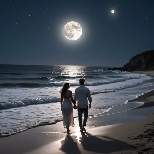 Prompt: a romantic scene of a couple walking on the beach at night looking at the waves with the moon shining in the water.  The photo should be shaped as a heart with a transparent background.