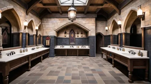 Prompt: large hogwarts bathroom castle harry potter multiple stalls and handwashing stations
