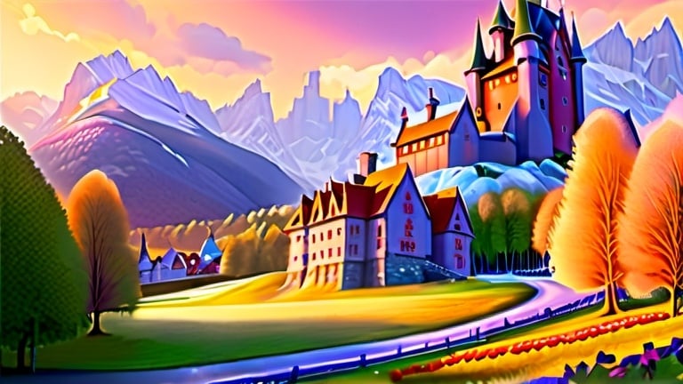 Prompt: Frozen-themed digital painting featuring Arendelle castle, norweigan village, summer landscape, highres, detailed, fantasy, summer colors, majestic lighting, magical, bright, castle in the background, village in the foreground, flowers, trees, enchanting atmosphere, 