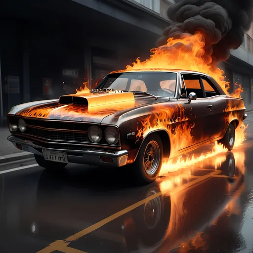 Prompt: a car with flames on it is shown in this image, it looks like it is going to be a fireball, Cornelisz Hendriksz Vroom, auto-destructive art, highly detailed digital art, a digital rendering