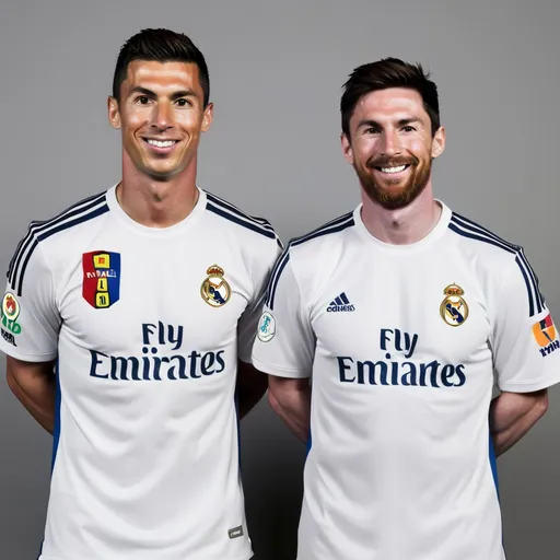 Prompt: Cristiano Ronaldo and Leo Messi wear Real Madrid shirt