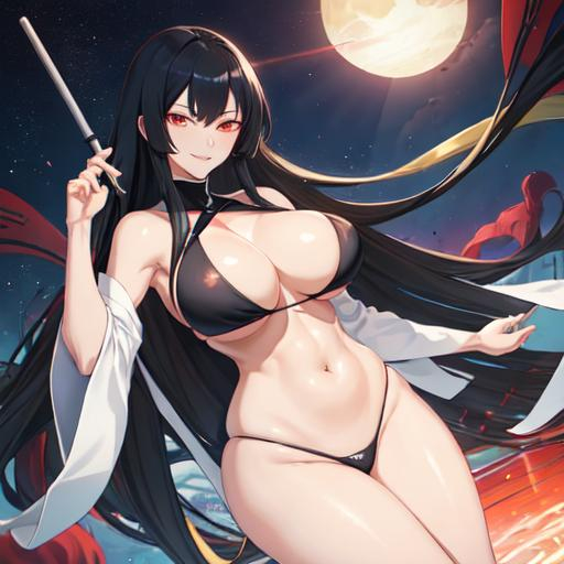 Prompt: Unohana Retsu, black long hair, black very open swimsuit, big woman, beautiful woman, kind, big forms, anime bleach, evil smile, night, Japanese pool, dark, showing her boba