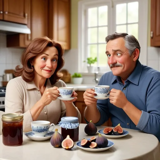 Prompt: A middle-aged couple are sitting at the kitchen table in good humor, having tea and fig jam