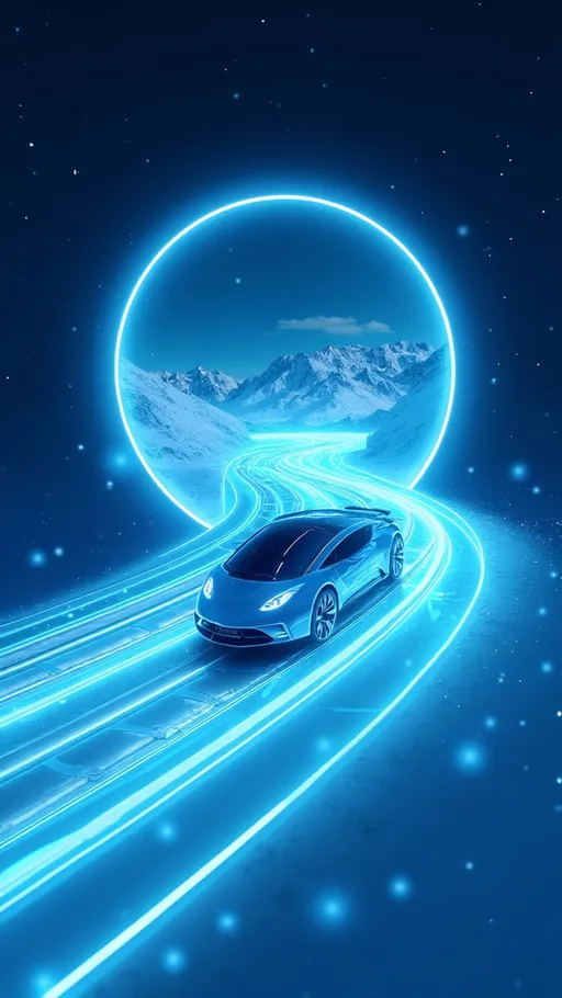 Prompt: A stylized, futuristic image of a high-speed train driving along a glowing, light-blue railway.  The high-speed train is translucent, almost like a digital representation, with visible outlines and details.  It's positioned in the center of the image, driving along a winding path.  The path and car are outlined in a bright, icy blue glow. The path appears to be a tunnel or a highway, leading from a frame/window that shows a wintry, icy landscape with snow-capped mountains.  The frame or window, which borders the icy landscape, has a glowing, neon-blue outline and is a circle shape. The background is a deep navy-blue, dotted with small, scattered white light-speckles with earth shape. The lighting is focused on the path and train, creating a stark contrast against the dark backdrop and giving a futuristic and slightly ethereal effect.  The overall style is digital art, with a strong emphasis on clean lines, a vibrant icy blue color palette, and a sense of technological advancement. The perspective is from slightly above the car, looking down the path.