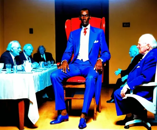 Prompt: A tall dark man In a chrome blue suit with a breifcase sits in a chair at a large table surrounded by very old white people 