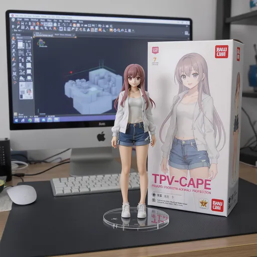 Prompt: Create a 1/7 scale figurine of the woman in the photo, in a realistic PVC toy style, standing on a transparent round acrylic base, placed on a computer desk. Show a Bandai-style packaging box with her illustration behind the figurine. The computer screen should show 3D modeling in progress.