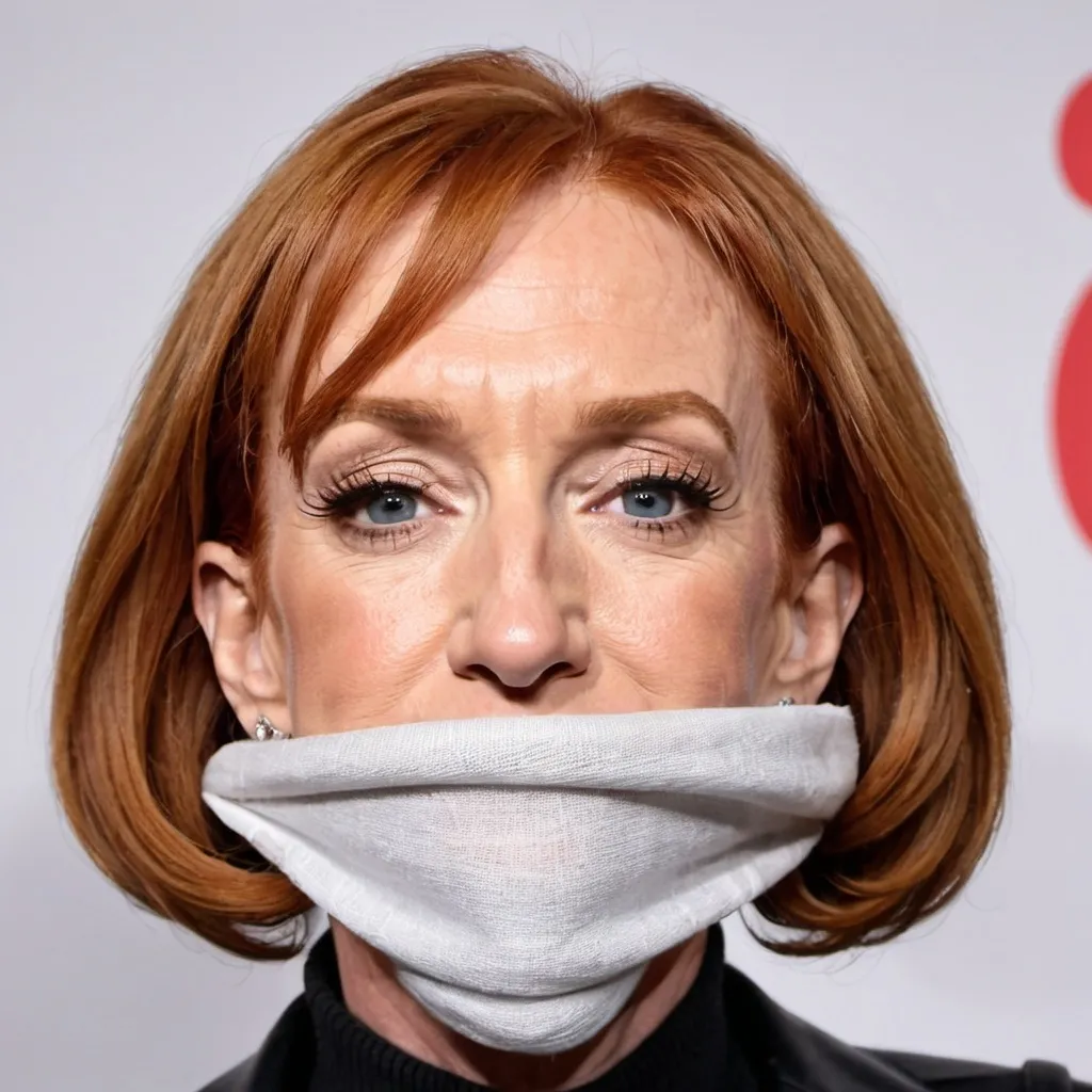 Prompt: Kathy Griffin mouth stuffed with cloth and a cloth tied vertically over the mouth