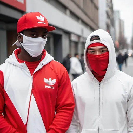 Prompt: A young trapper and già friend wearing a white Balaclava in the city. They wear red tracksuit and a Red snapback 