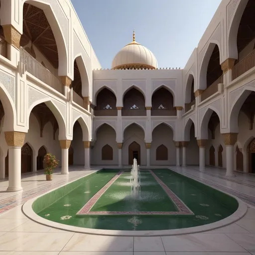 Prompt: Imagine a well-furnished Masjid, with a parking lot and a garden on the east and west sides respectively. There are entrances on the north and south sides. On the ground floor there is a library and an Islamic shop and cafe. Rows of long carpets for prayer and Qurans on shelves every 30 feet. The large courtyard will be decorated with flowering plants and some eye-catching fountains. On the upper floors, there are long staircases on the north and south sides. The entire Masjid complex will be wheelchair accessible.