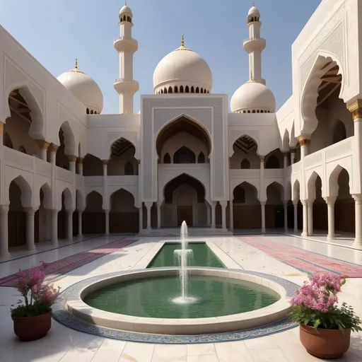 Prompt: Imagine a well-furnished Masjid, with a parking lot and a garden on the east and west sides respectively. There are entrances on the north and south sides. On the ground floor there is a library and an Islamic shop and cafe. Rows of long carpets for prayer and Qurans on shelves every 30 feet. The large courtyard will be decorated with flowering plants and some eye-catching fountains. On the upper floors, there are long staircases on the north and south sides. The entire Masjid complex will be wheelchair accessible.