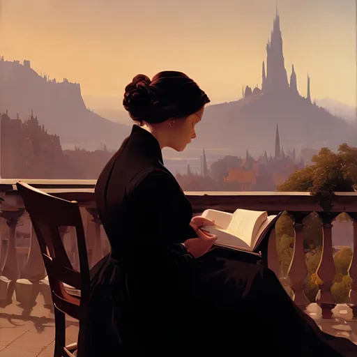 Prompt: a painting of a woman in a black coat sitting on a chair, reading Flicker by Theodore Roszak, in the style of Alexandre Calame, romanticized views, city portraits, close-up